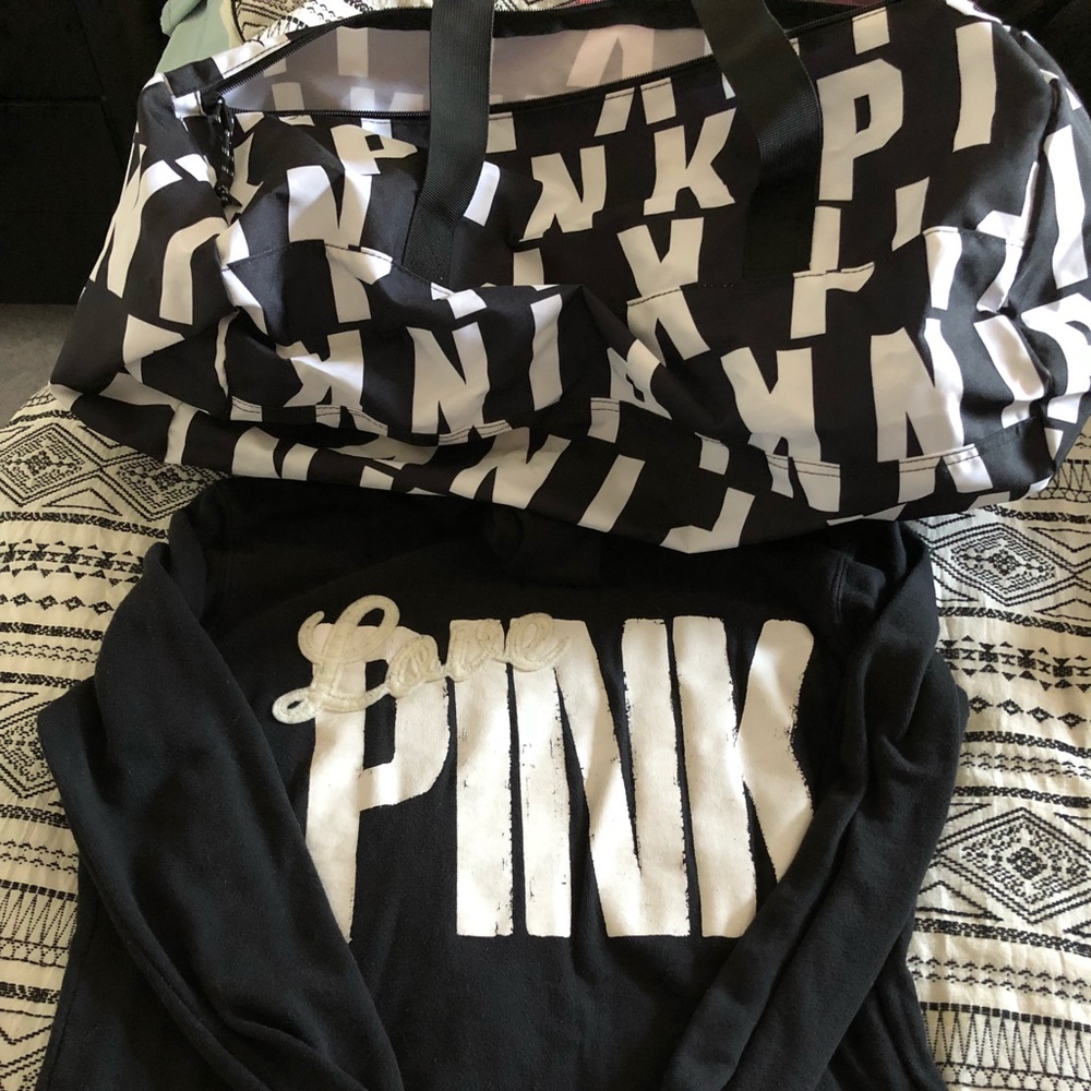 VS hoodie and duffel bag